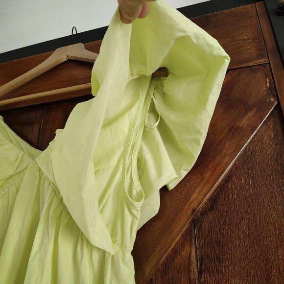 Chartreuse Babydoll Mini Dress V-Neck Flutter Puff Sleeve Women’s Large - Picture 3 of 11